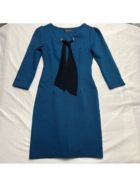 Appleline Ribbed Sheath Dress Tie-Neck Bodycon Blue S 4